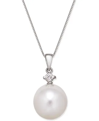 Cultured White South Sea Pearl (12mm) and Diamond (1/10 ct. t.w.) Pendant Necklace in 14k White Gold