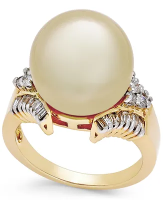 Cultured Golden South Sea Pearl (13mm) and Diamond (1/2 ct. t.w.) Statement Ring 14k Gold