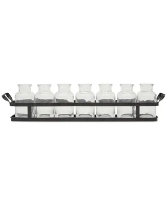 7 Glass Bottles on a Rectangle Metal Tray with Handles, Clear and Black, Set of 8