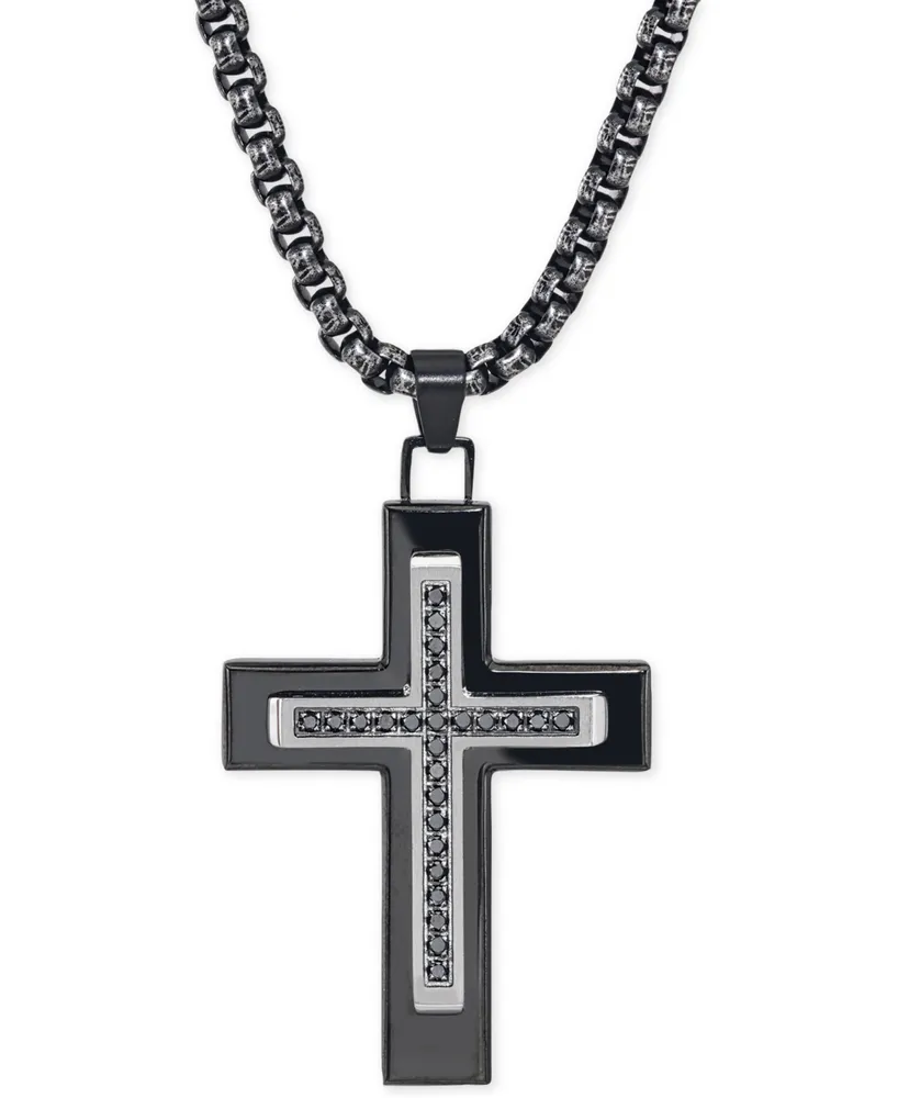 Esquire Men's Jewelry Black Diamond (1/4 ct. t.w.) Cross Necklace in Black Ip over Stainless Steel, Created for Macy's