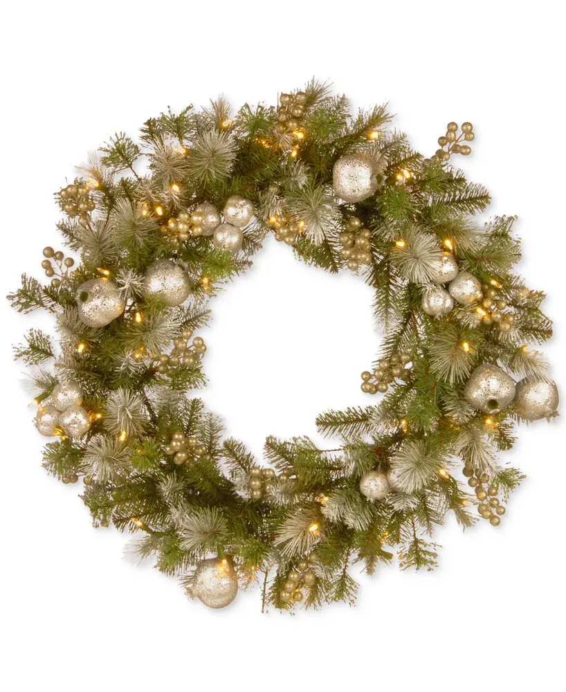 National Tree Company 30" Glittery Pomegranate Pine Wreath With 70 Battery-Operated Led Lights & Timer