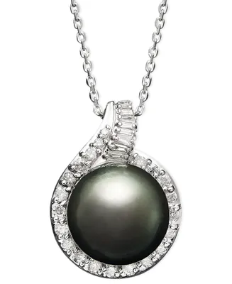 14k White Gold Necklace, Cultured Tahitian Pearl (12mm) and Diamond (1/2 ct. t.w.) Pendant