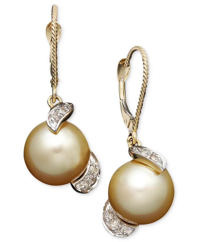 14k Gold Earrings, Cultured Golden South Sea Pearl (9mm) and Diamond (1/5 ct. t.w.) Drop Earrings