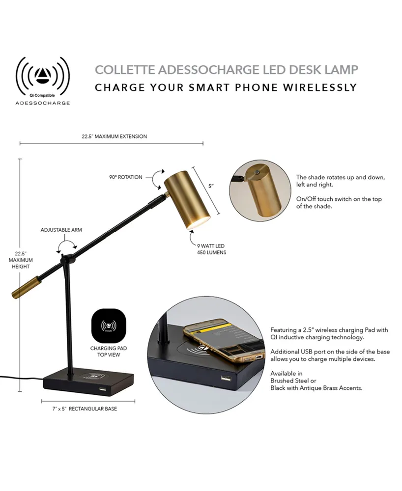 Adesso Collette Led Desk Lamp with Wireless Air Charger & Usb Port