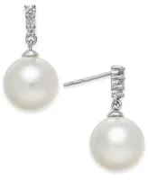 Cultured Freshwater Pearl (8mm) & Diamond Accent Drop Earrings in 14k White Gold