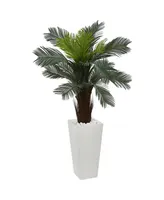 Nearly Natural 4.5' Cycas Uv-Resistant Indoor/Outdoor Artificial Plant in White Tower Planter