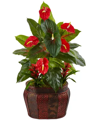 Nearly Natural 45" Mixed Anthurium & Bromeliad Artificial Plants in Wood Planter