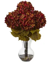 Nearly Natural 18"H Hydrangea Artificial Flower Arrangement with Glass Vase