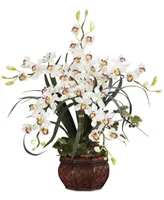 Nearly Natural White Cymbidium Artificial Arrangement with Decorative Vase