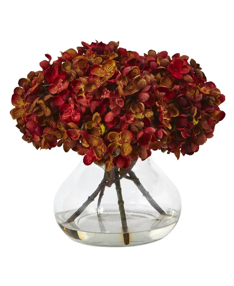 Nearly Natural 8.5"H Hydrangea Artificial Flower Arrangement with Glass Vase