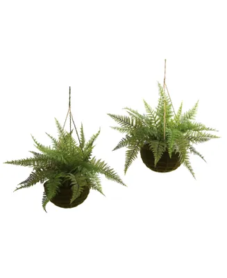 Nearly Natural 2-Pc. Leather Fern Indoor/Outdoor Artificial Plant Mossy Hanging Basket Set