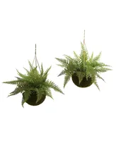 Nearly Natural 2-Pc. Leather Fern Indoor/Outdoor Artificial Plant Mossy Hanging Basket Set