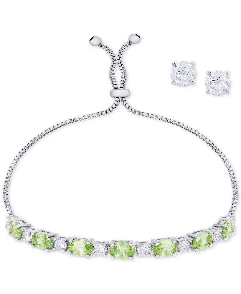 Simulated Peridot Slider Bracelet & Cubic Zirconia Stud Earrings Set In Silver-Plate, August Birthstone