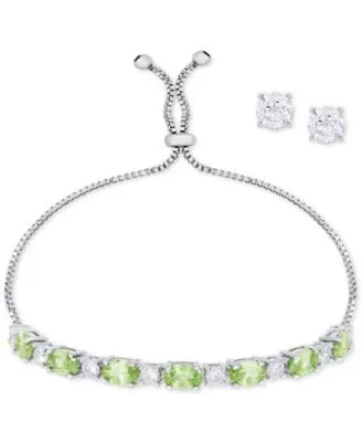 Birthstone Jewelry Set Collection Slider Bracelet Cubic Zirconia Stud Earrings In Silver Plate