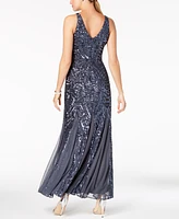 R&M Richards Petite Sleeveless Pleated Sequin Embellished Gown