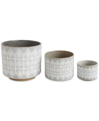 Various Round Stoneware Planters with Geometric Patterns, White and Gray, Set of 3