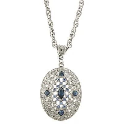 2028 Silver-Tone Dark and Light Blue Crystal Filigree Oval Pendant Necklace 16" Adjustable
