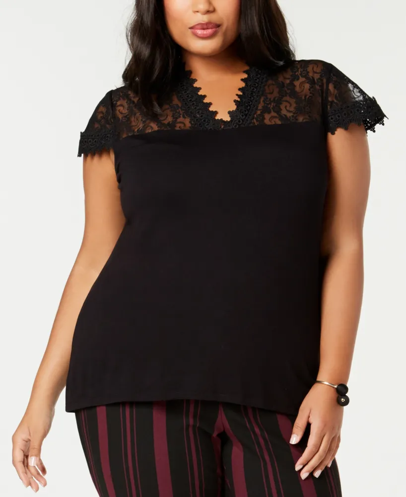 I.n.c. International Concepts Plus Lace-Trim Top, Created for Macy's