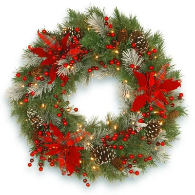 National Tree Company 30" Decorative Collection Tartan Plaid Wreath with Cones Red Berries & Poinsettias 100 WarmWhite Battery Operated Led's w/Timer
