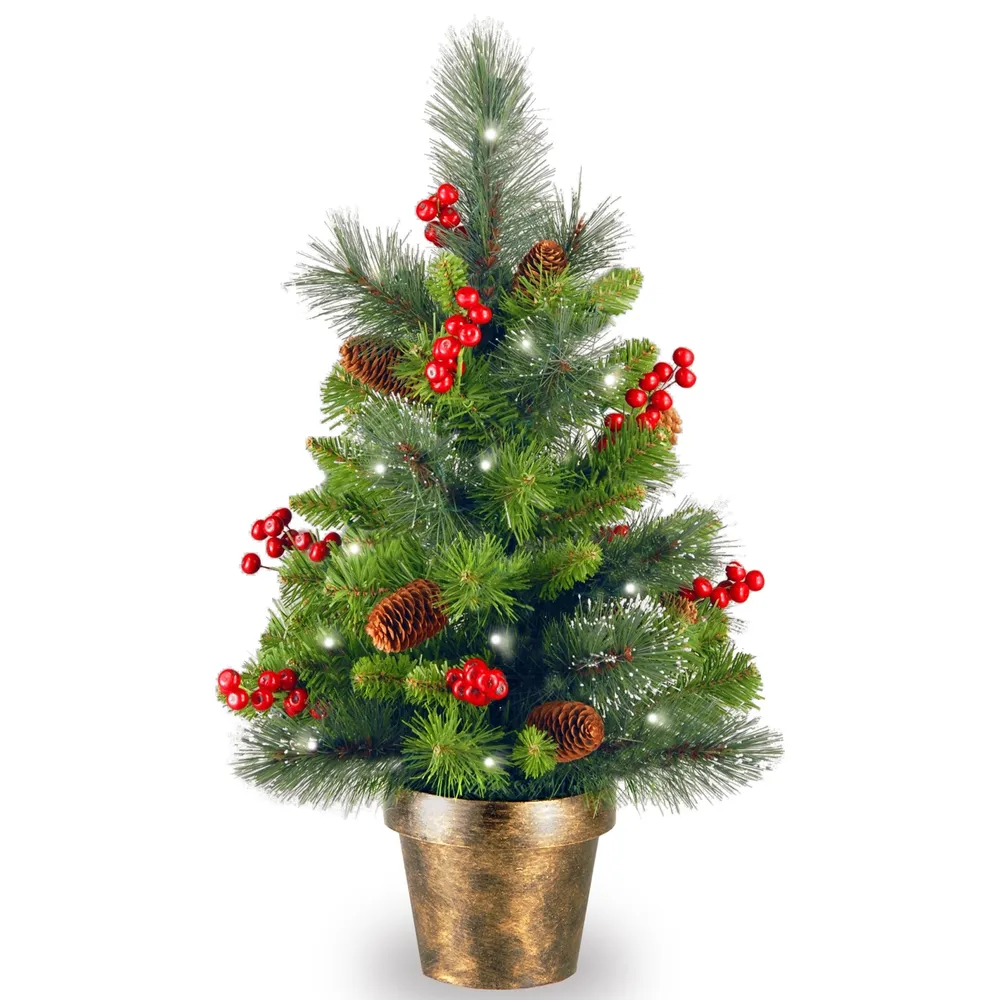 National Tree Company 2' Crestwood Spruce Small Tree with Silver Bristle, Cones, Red Berries and Glitter in a Plastic Bronze Pot with 35 Battery Opera