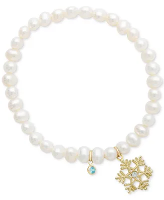 Disney Children's Cultured Freshwater Pearl (4mm) & 14k Snowflake Charm Stretch Bracelet