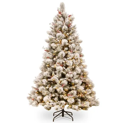 National Tree 7.5' Snowy Bedford Pine Tree with Red Berries, Cedar Leaves, Mixed Cones 700 Clear Lights
