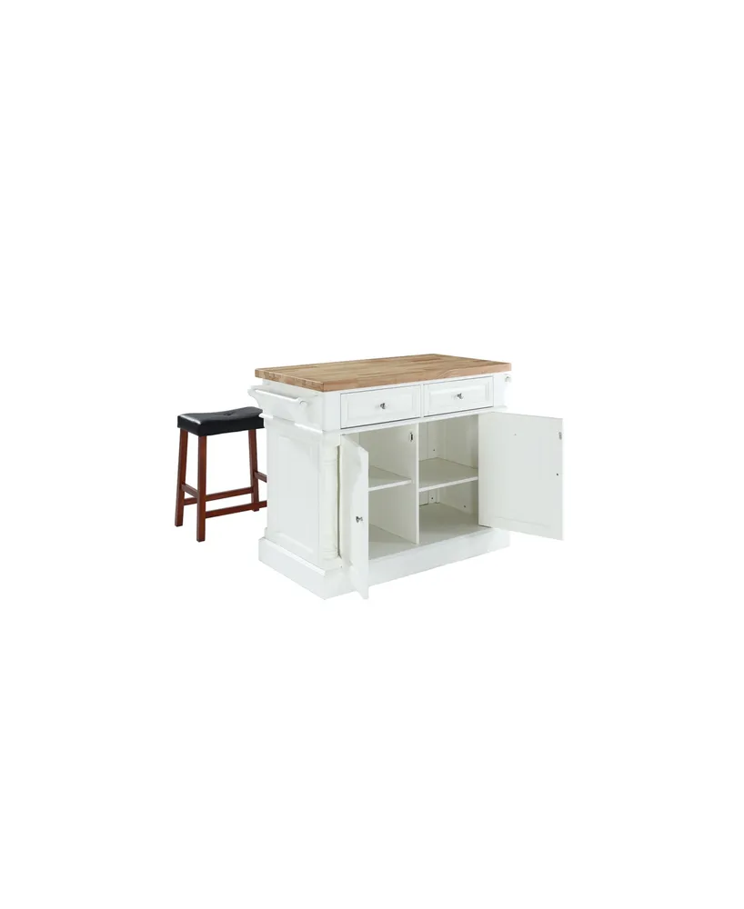 Oxford Butcher Block Top Kitchen Island With 24" Upholstered Saddle Stools