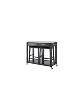 Stainless Steel Top Kitchen Cart Island With 24" Upholstered Saddle Stools