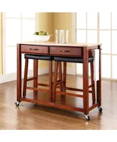 Natural Wood Top Kitchen Cart Island With 24" Upholstered Saddle Stools