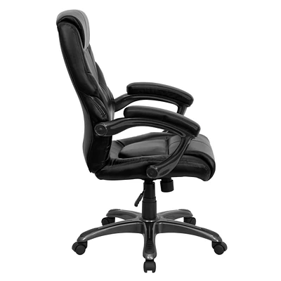 High Back Black Leather Overstuffed Executive Swivel Chair With Arms