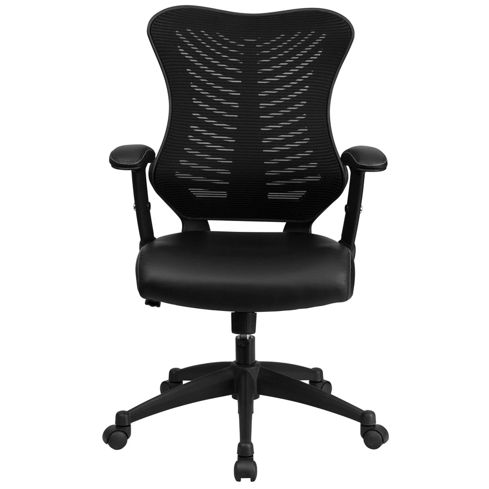 High Back Designer Black Mesh Executive Swivel Chair With Leather Seat And Adjustable Arms