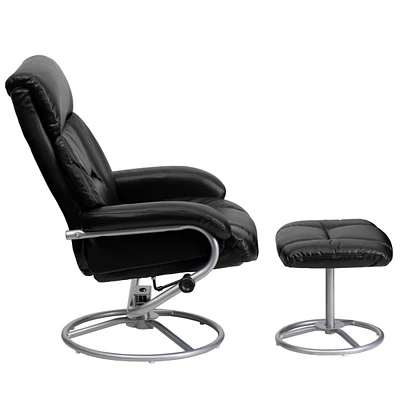 Contemporary Black Leather Recliner And Ottoman With Metal Base