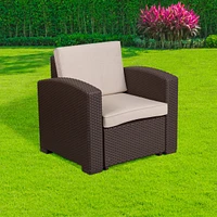 Chocolate Brown Faux Rattan Chair With All-Weather Beige Cushion