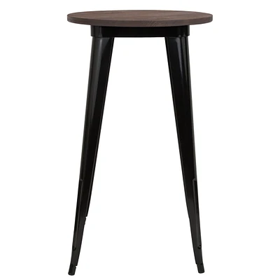 24" Round Black Metal Indoor Bar Height Table With Walnut Rustic Wood Top