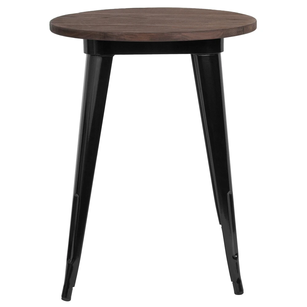 24" Round Black Metal Indoor Table With Walnut Rustic Wood Top