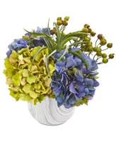 Nearly Natural Hydrangea & Berries Artificial Arrangement in Faux Marble Vase