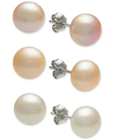 3-Pc. Set White, Pink & Peach Cultured Freshwater Button Pearl (8mm) Stud Earrings in Sterling Silver