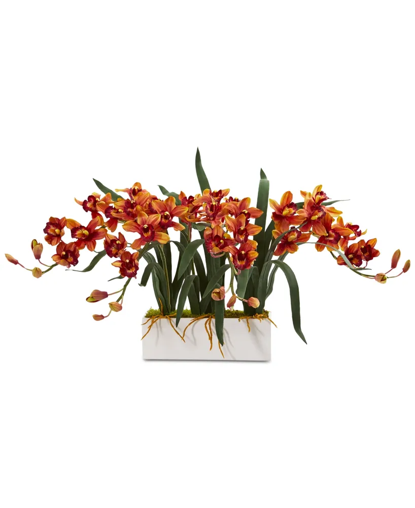 Nearly Natural Cymbidium Artificial Arrangement White Vase