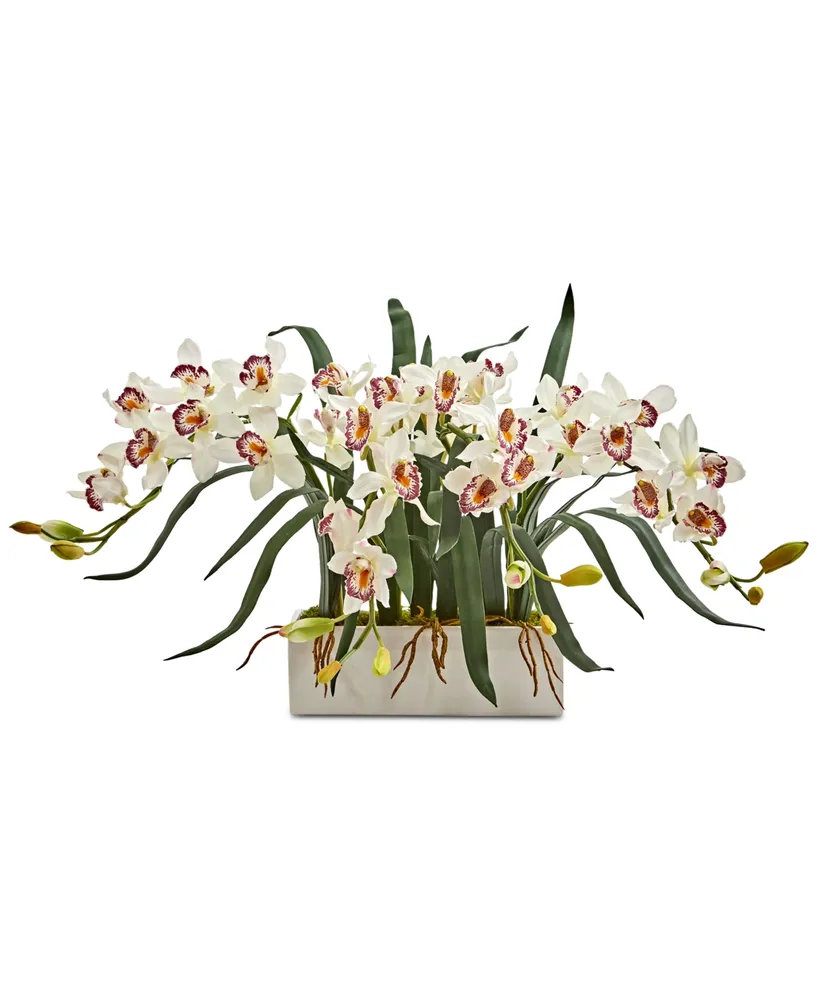 Nearly Natural Cymbidium Artificial Arrangement in White Vase