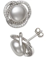 Cultured Freshwater Pearl (9mm) & Cubic Zirconia Spiral Stud Earrings in Sterling Silver