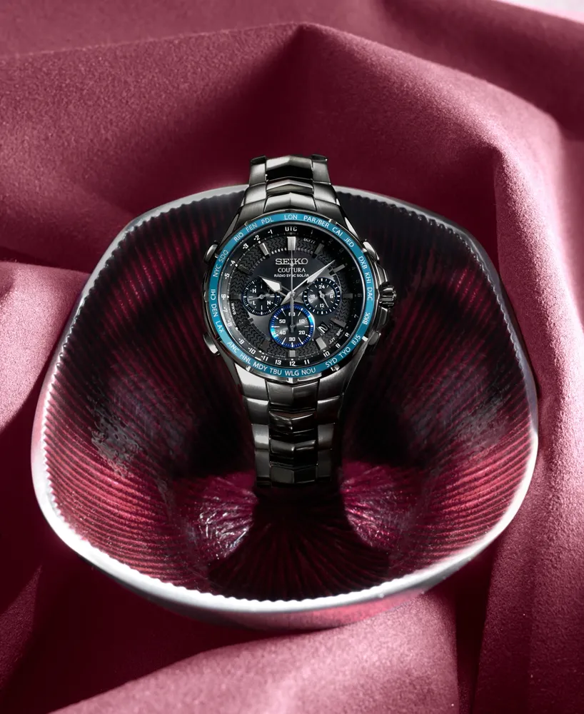 Seiko Men's Radio Sync Solar Chronograph Coutura Black Stainless Steel Bracelet Watch 44.5mm