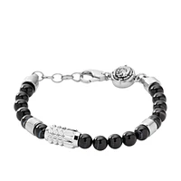 Diesel Men's Silver Tone and Black Agate Stainless-Steel Beaded Bracelet