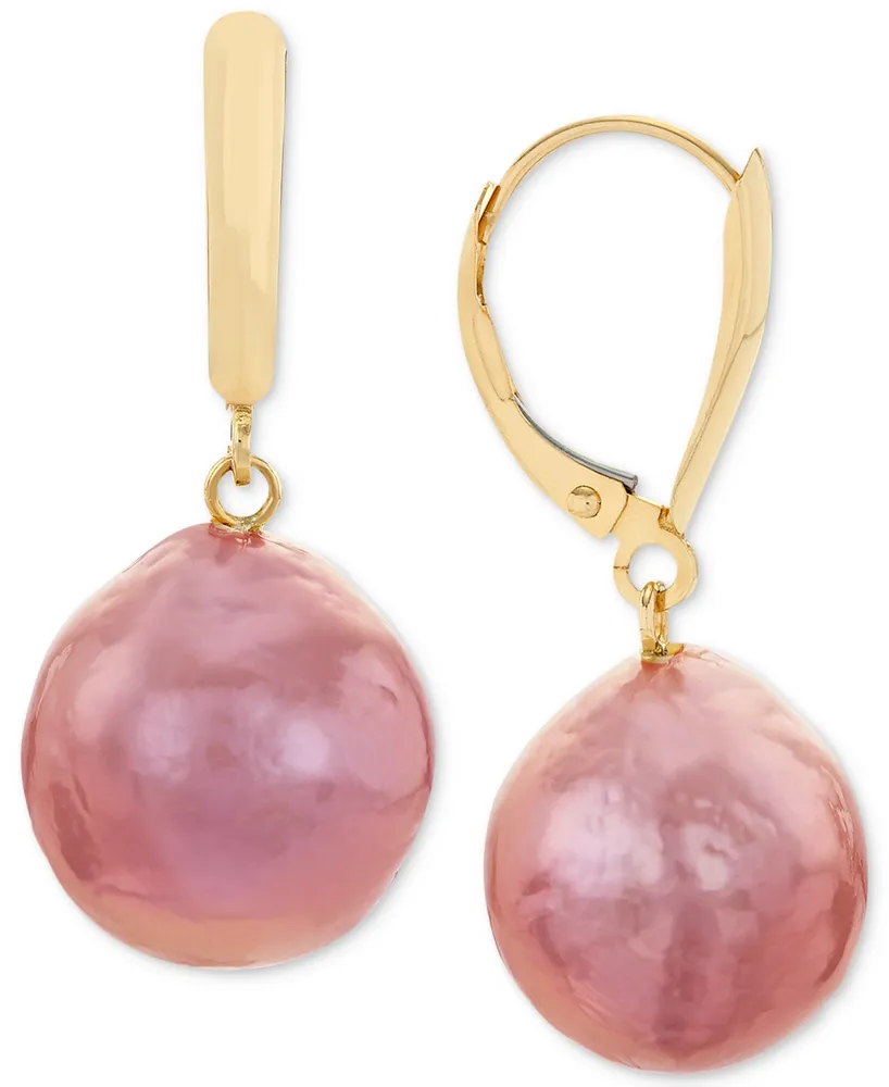 Cultured Pink Ming Pearl (12-14mm) Drop Earrings in 14k Gold