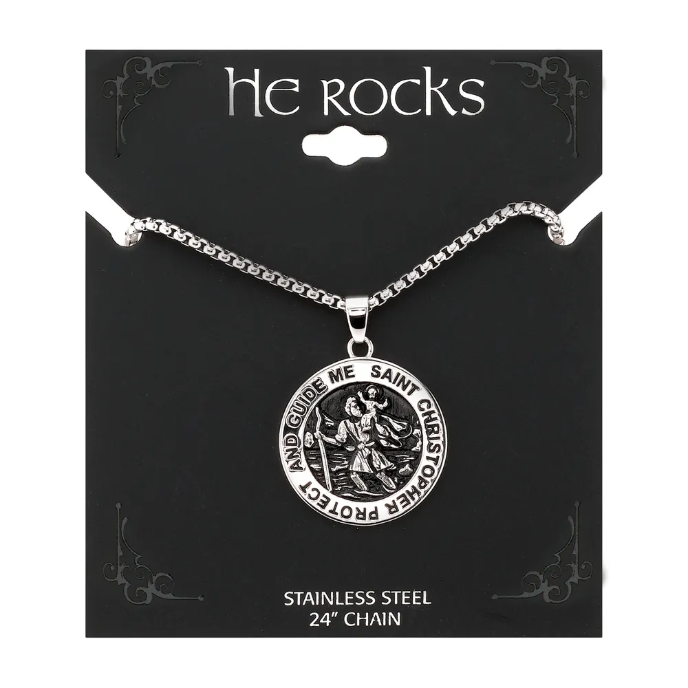 He Rocks "Saint Christopher" Coin Pendant Necklace in Stainless Steel, 24" Chain