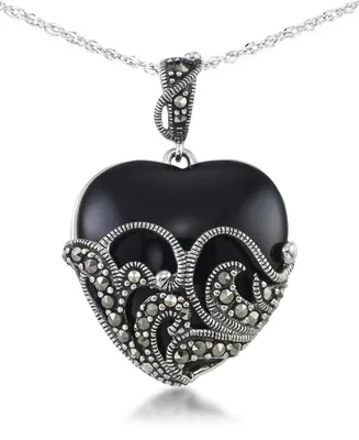 Onyx (24 X 24mm) & Marcasite Heart Pendant on 18" Chain in Sterling Silver