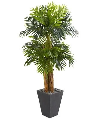 Nearly Natural 5.5' Triple Areca Palm Artificial Tree in Slate-Finish Ceramic Planter