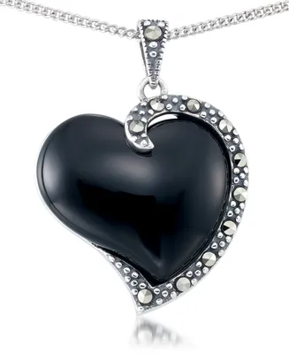 Onyx (17X15mm) & Marcasite Heart Pendant in Sterling Silver