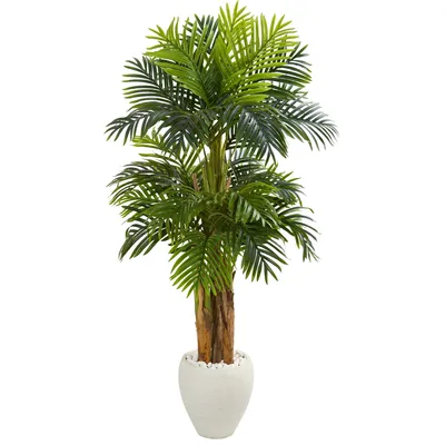 Nearly Natural 5.5' Triple Areca Palm Artificial Tree in White Planter
