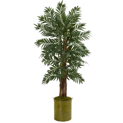 Nearly Natural 5' Parlor Palm Artificial Tree in Green Tin Planter
