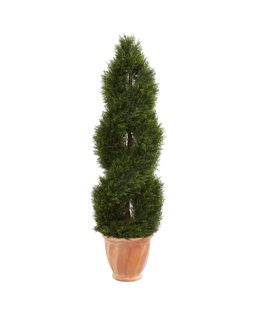 Nearly Natural 4.5' Double Pond Cypress Topiary Artificial Tree in Terracotta Planter Uv Resistant